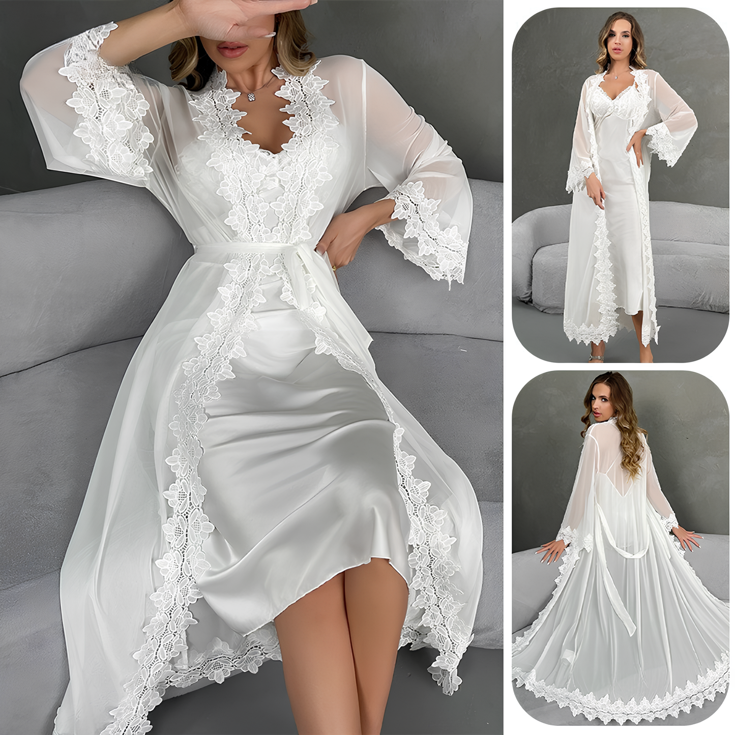 Negligé- und Morgenmantel-Set aus Satin mit Spitzen-Details, tiefem Dekolleté vorne und hinten sowie Spaghettiträgern