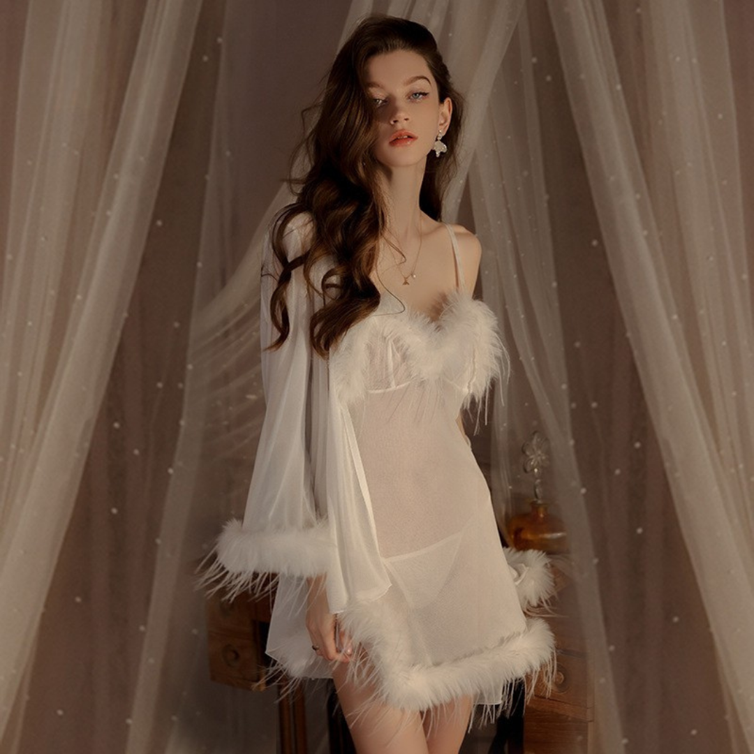Feather Detailed Thin Strap Transparent Nightgown Dressing Gown Set