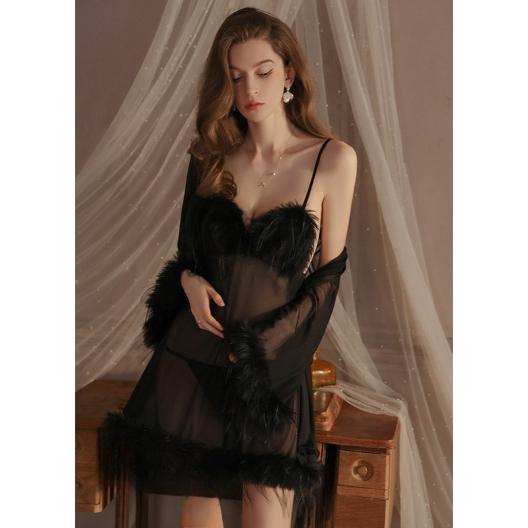 Feather Detailed Thin Strap Transparent Nightgown Dressing Gown Set