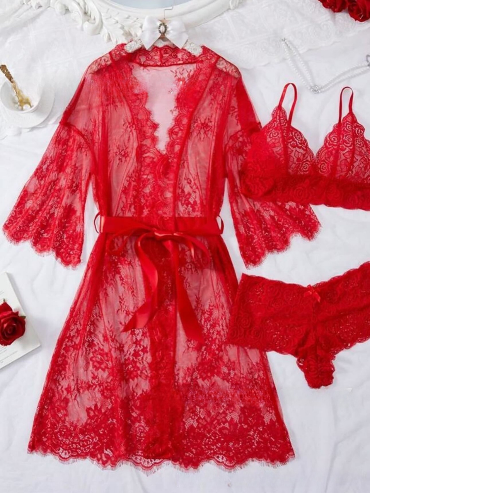 Completo vestaglia e camicia da notte in raso con spalline in corda, dettagli in pizzo sul petto e sulla schiena
