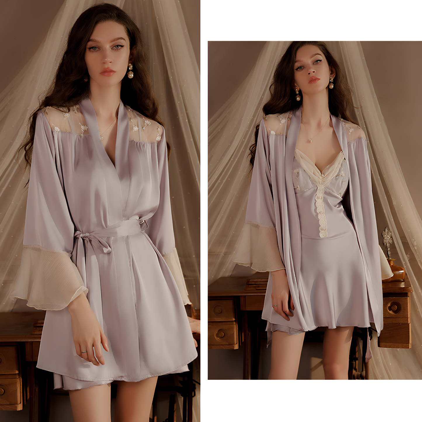 Completo camicia da notte e vestaglia in raso con colletto in tulle, imbottitura sul petto con dettagli floreali e spalline incrociate sulla schiena