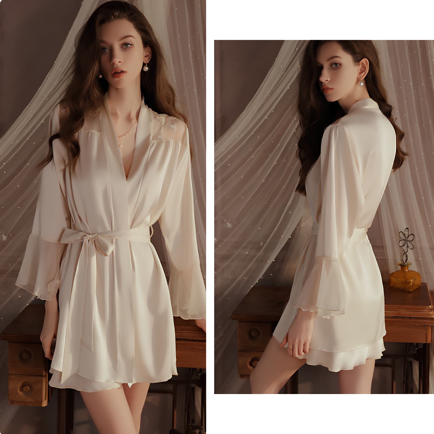 Completo camicia da notte e vestaglia in raso con colletto in tulle, imbottitura sul petto con dettagli floreali e spalline incrociate sulla schiena