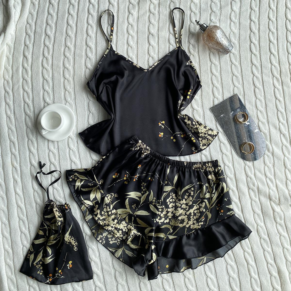 Blumenmuster-Satin-Negligé- und Morgenmantel-Set mit dünnen Trägern