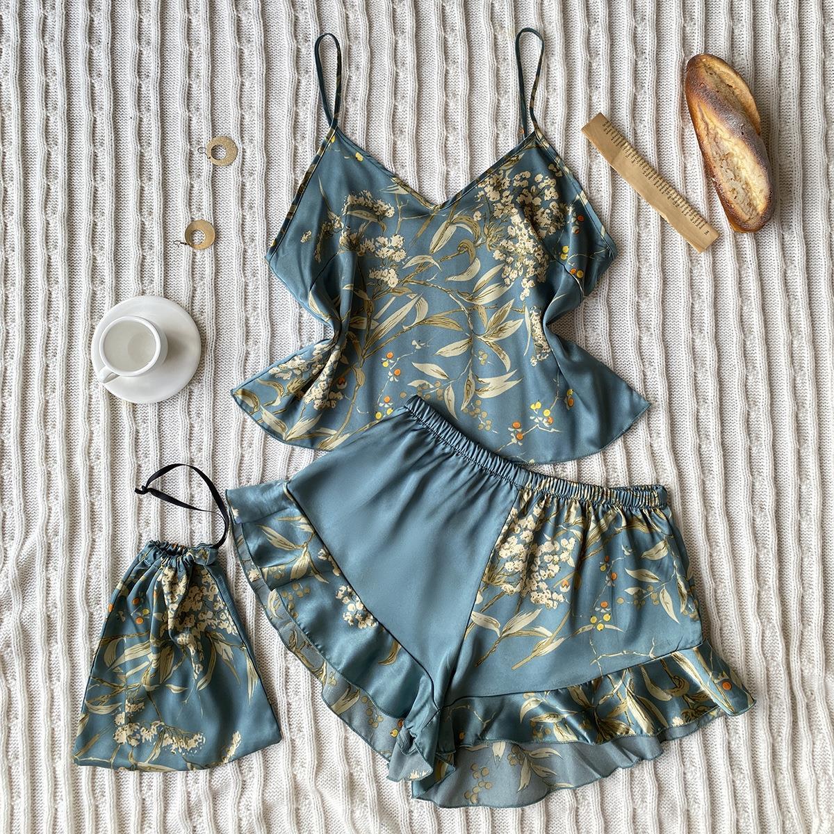 Blumenmuster-Satin-Negligé- und Morgenmantel-Set mit dünnen Trägern