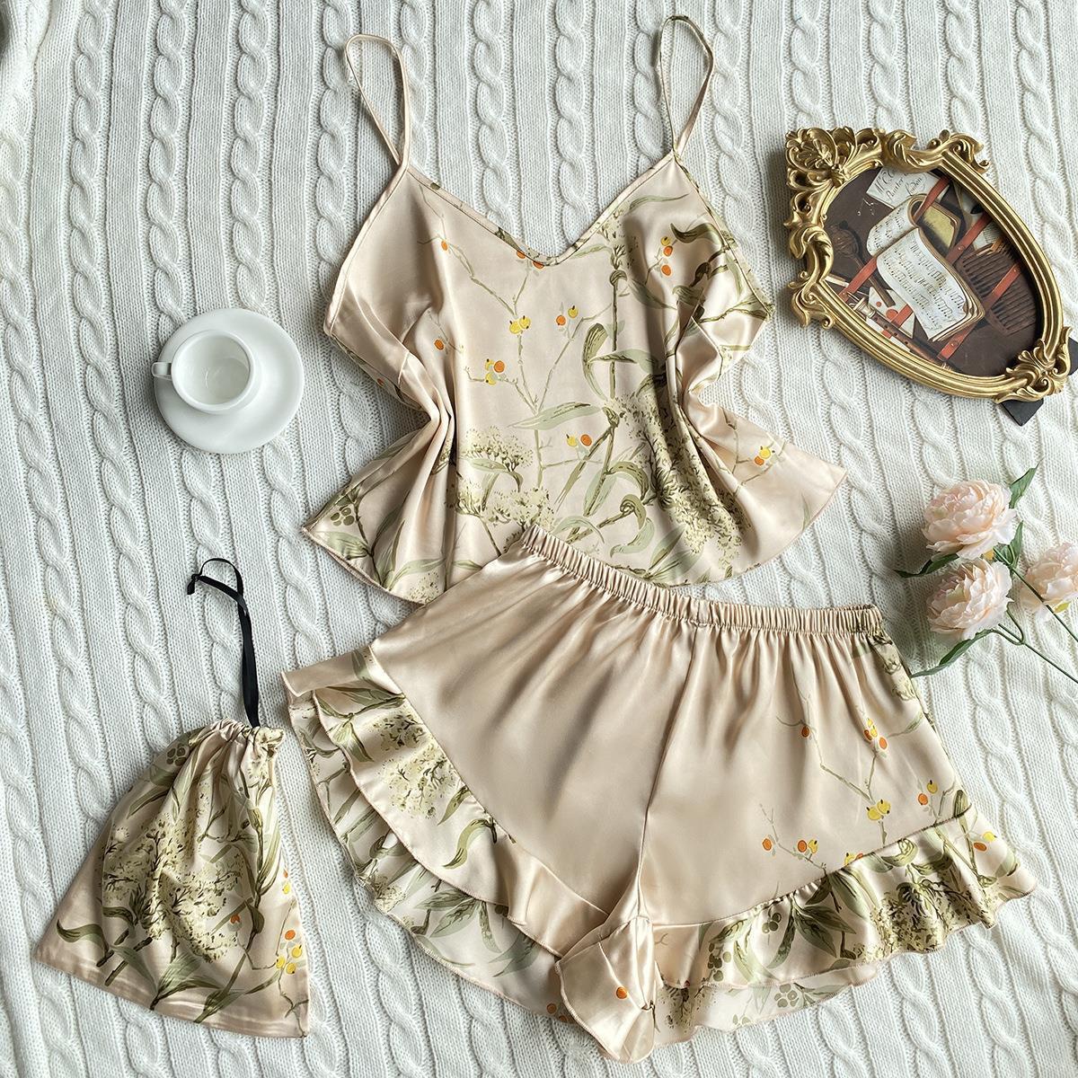 Blumenmuster-Satin-Negligé- und Morgenmantel-Set mit dünnen Trägern