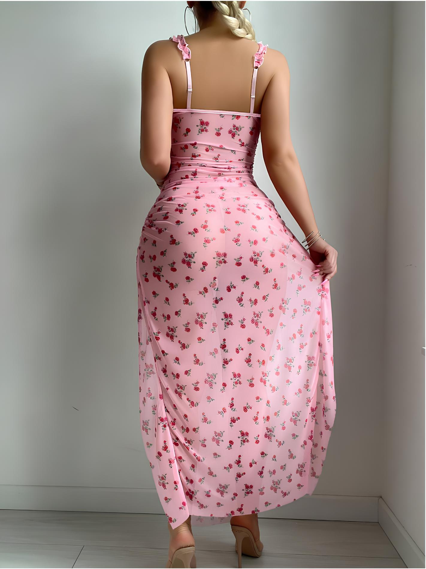Negligé- und Morgenmantel-Set aus Satin mit Spitzen-Details, tiefem Dekolleté vorne und hinten sowie Spaghettiträgern