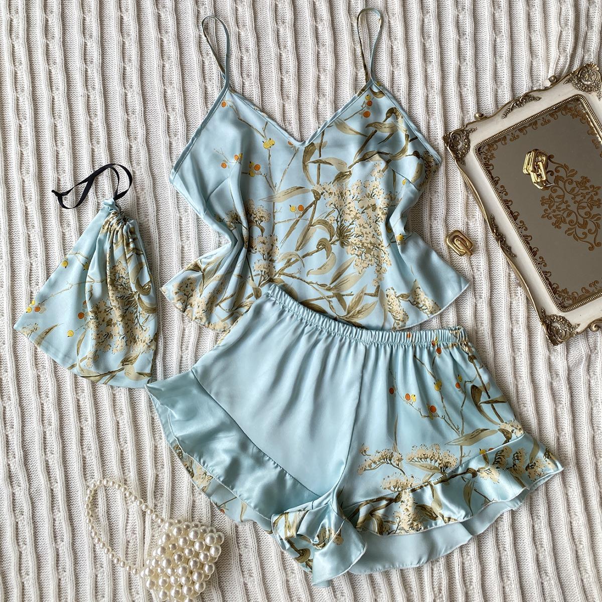 Blumenmuster-Satin-Negligé- und Morgenmantel-Set mit dünnen Trägern