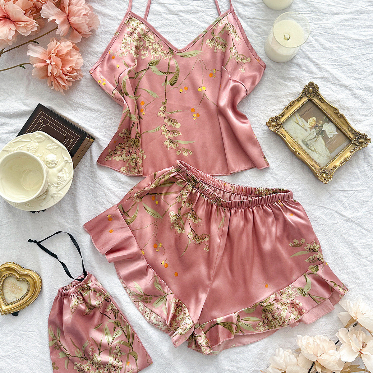 Blumenmuster-Satin-Negligé- und Morgenmantel-Set mit dünnen Trägern