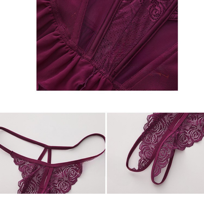 Negligé- und Morgenmantel-Set aus Satin mit Spitzen-Details, tiefem Dekolleté vorne und hinten sowie Spaghettiträgern