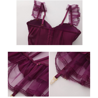 Negligé- und Morgenmantel-Set aus Satin mit Spitzen-Details, tiefem Dekolleté vorne und hinten sowie Spaghettiträgern