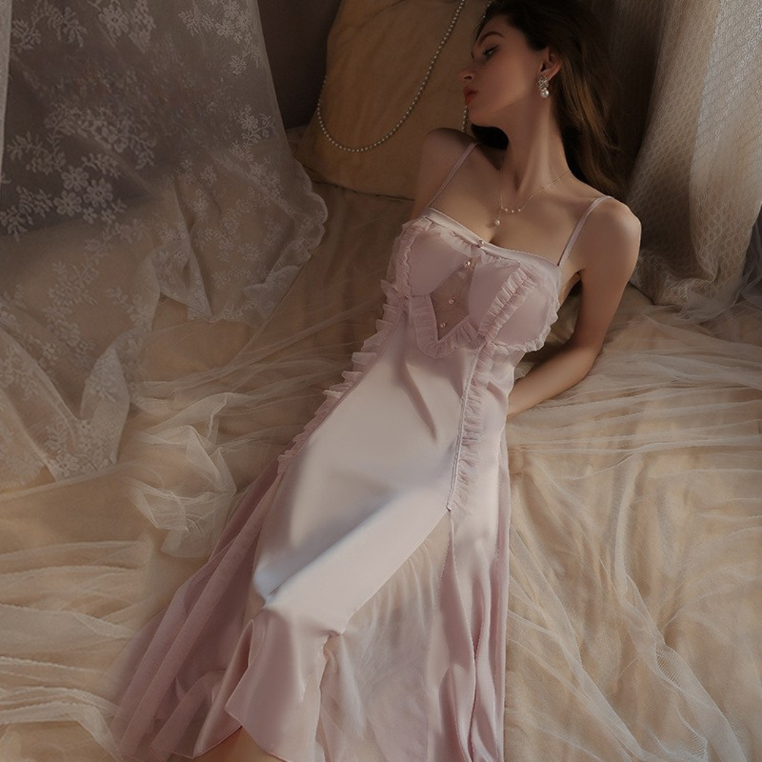 Flounce Detailed Backless Thin Strap Satin Midi Nightgown Dressing Gown Set