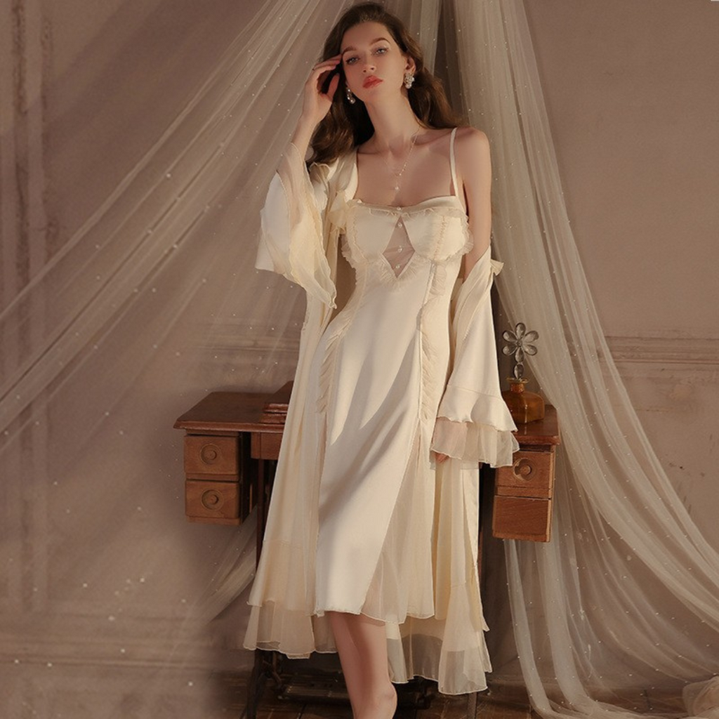 Flounce Detailed Backless Thin Strap Satin Midi Nightgown Dressing Gown Set
