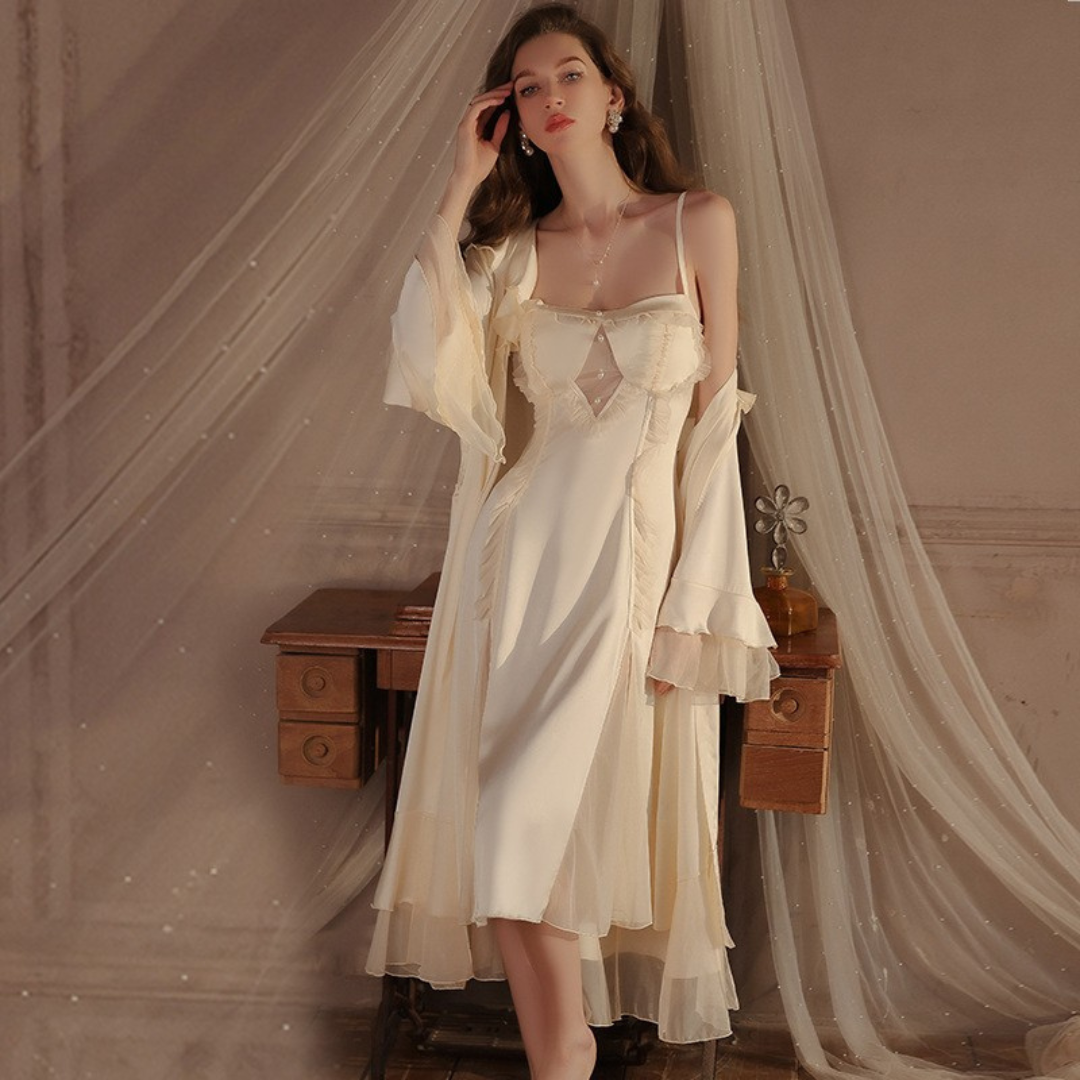 Flounce Detailed Backless Thin Strap Satin Midi Nightgown Dressing Gown Set