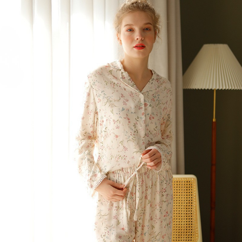 Floral Patterned Thin Strap Satin Pajama Set