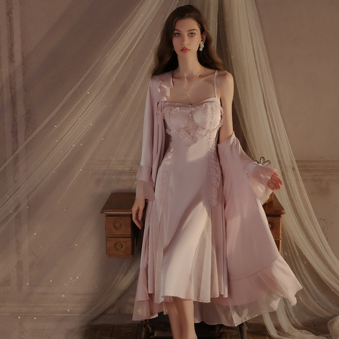 Flounce Detailed Backless Thin Strap Satin Midi Nightgown Dressing Gown Set