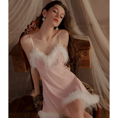 Feather Detailed Thin Strap Transparent Nightgown Dressing Gown Set