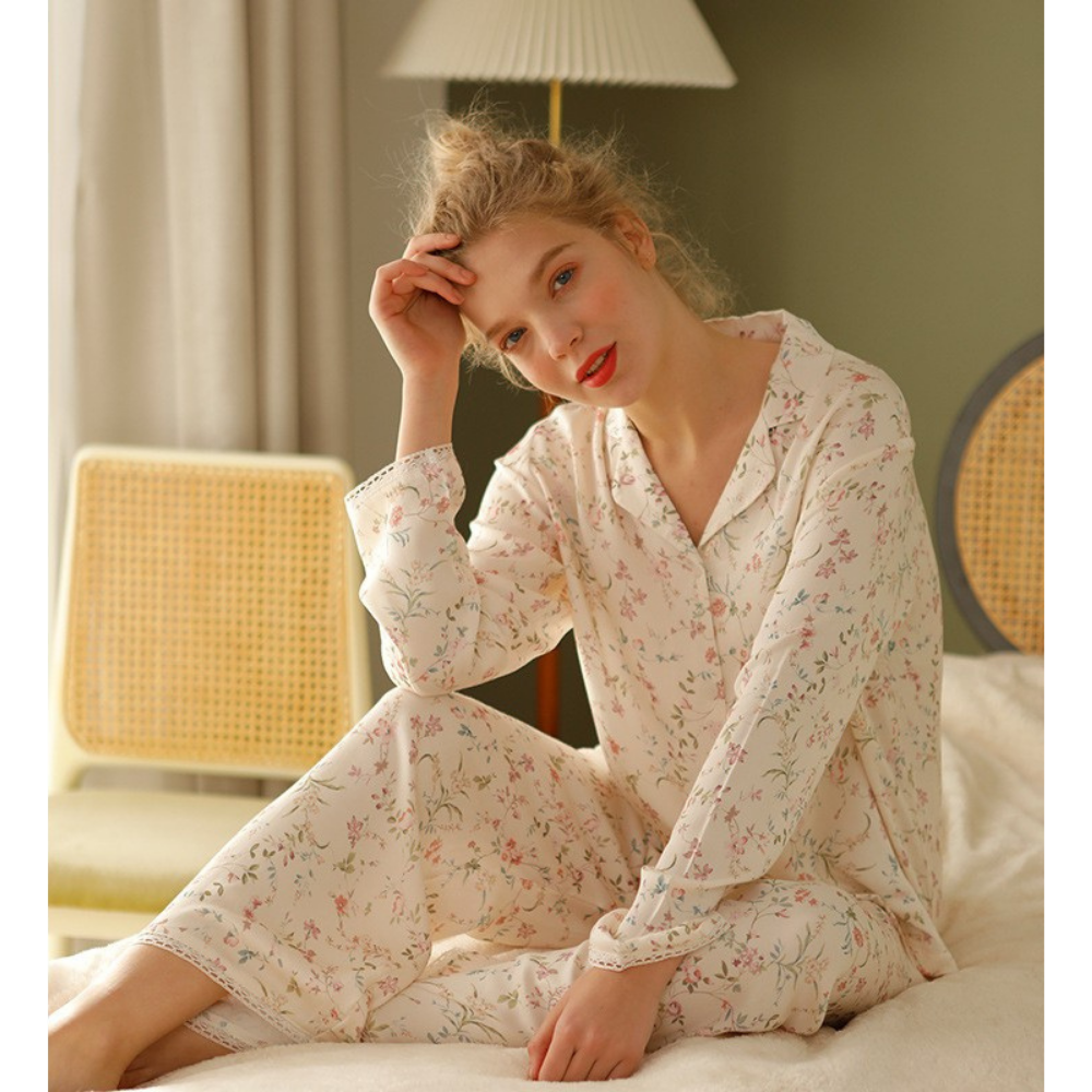 Floral Patterned Thin Strap Satin Pajama Set