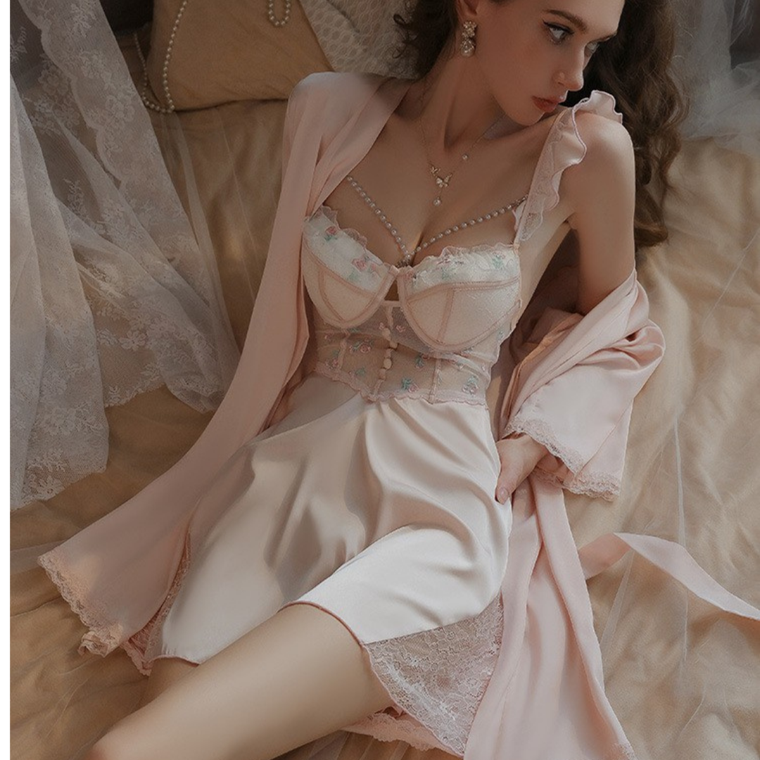 Floral Patterned Transparent Detailed Thin Strap Nightgown and Dressing Gown Set