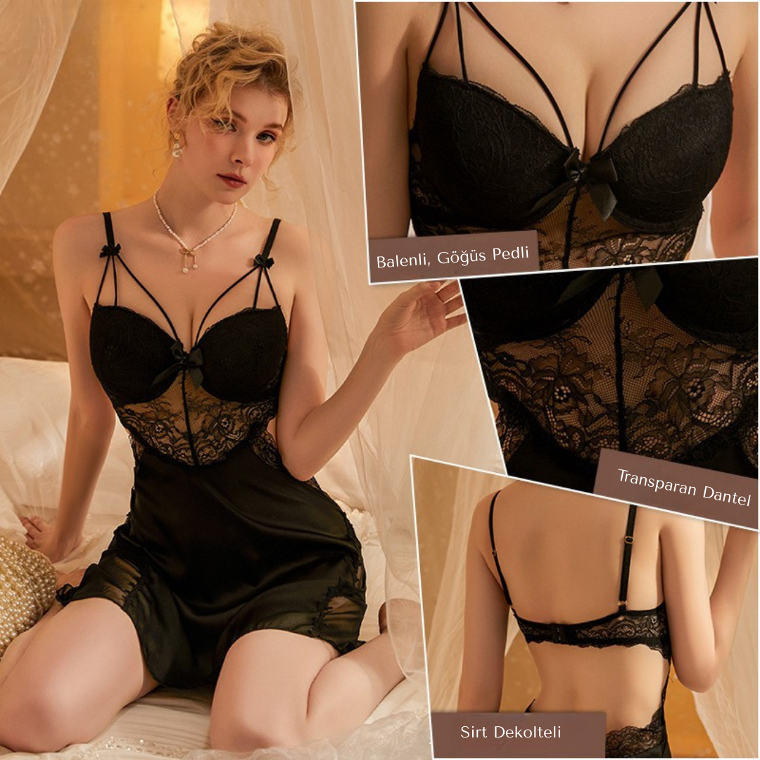 Thin Strap Bow and Lace Detailed Satin Nightgown and Dressing Gown Set