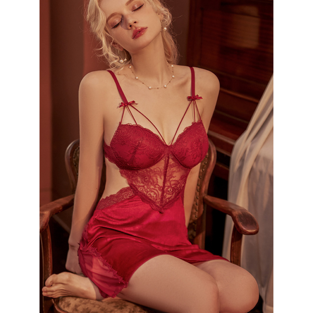 Thin Strap Bow and Lace Detailed Satin Nightgown and Dressing Gown Set