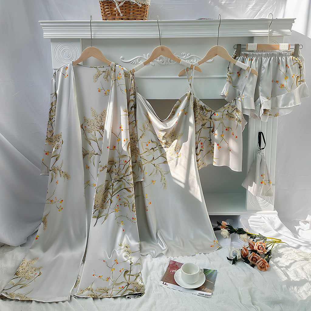 Blumenmuster-Satin-Negligé- und Morgenmantel-Set mit dünnen Trägern