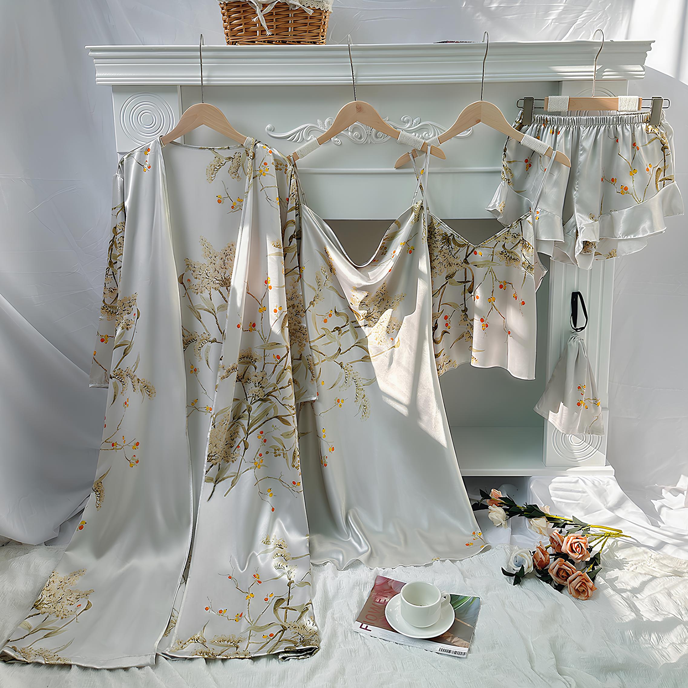Blumenmuster-Satin-Negligé- und Morgenmantel-Set mit dünnen Trägern
