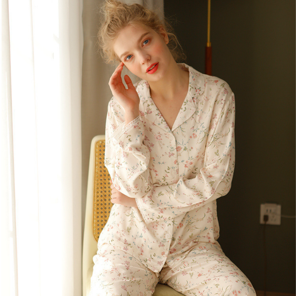 Floral Patterned Thin Strap Satin Pajama Set