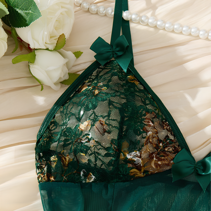 Negligé- und Morgenmantel-Set aus Satin mit Spitzen-Details, tiefem Dekolleté vorne und hinten sowie Spaghettiträgern