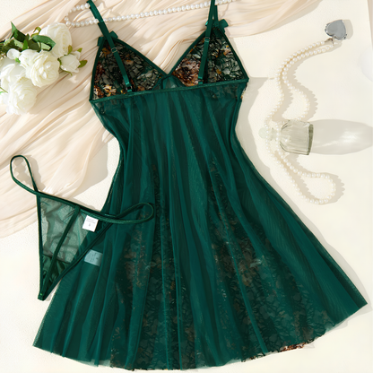 Negligé- und Morgenmantel-Set aus Satin mit Spitzen-Details, tiefem Dekolleté vorne und hinten sowie Spaghettiträgern