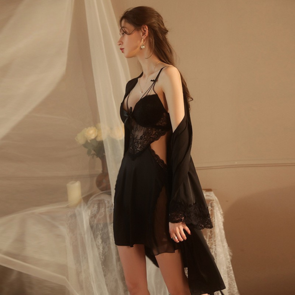 Thin Strap Bow and Lace Detailed Satin Nightgown and Dressing Gown Set