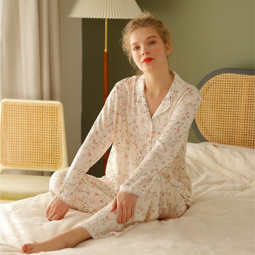 Floral Patterned Thin Strap Satin Pajama Set