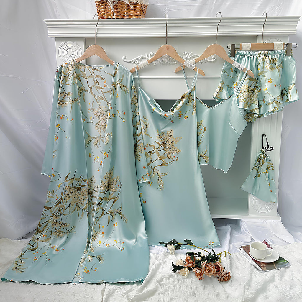 Blumenmuster-Satin-Negligé- und Morgenmantel-Set mit dünnen Trägern
