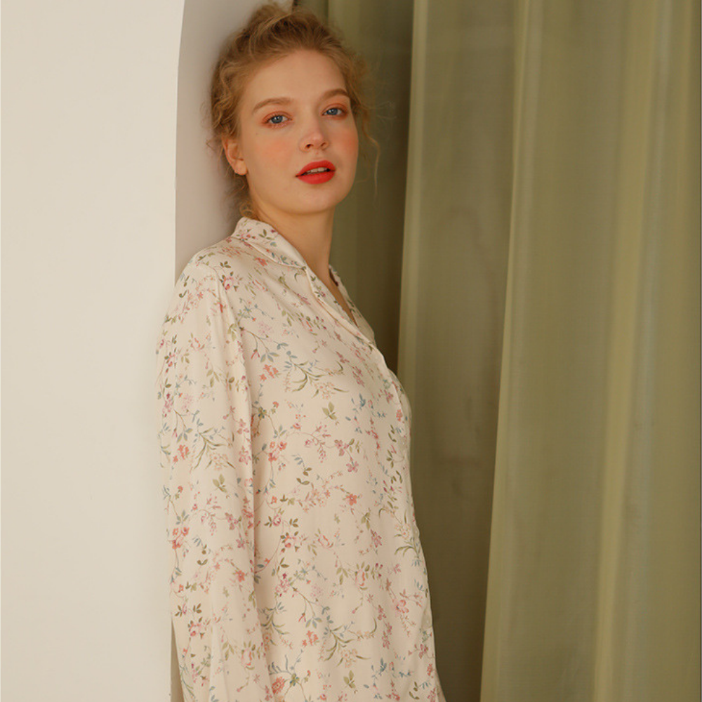 Floral Patterned Thin Strap Satin Pajama Set