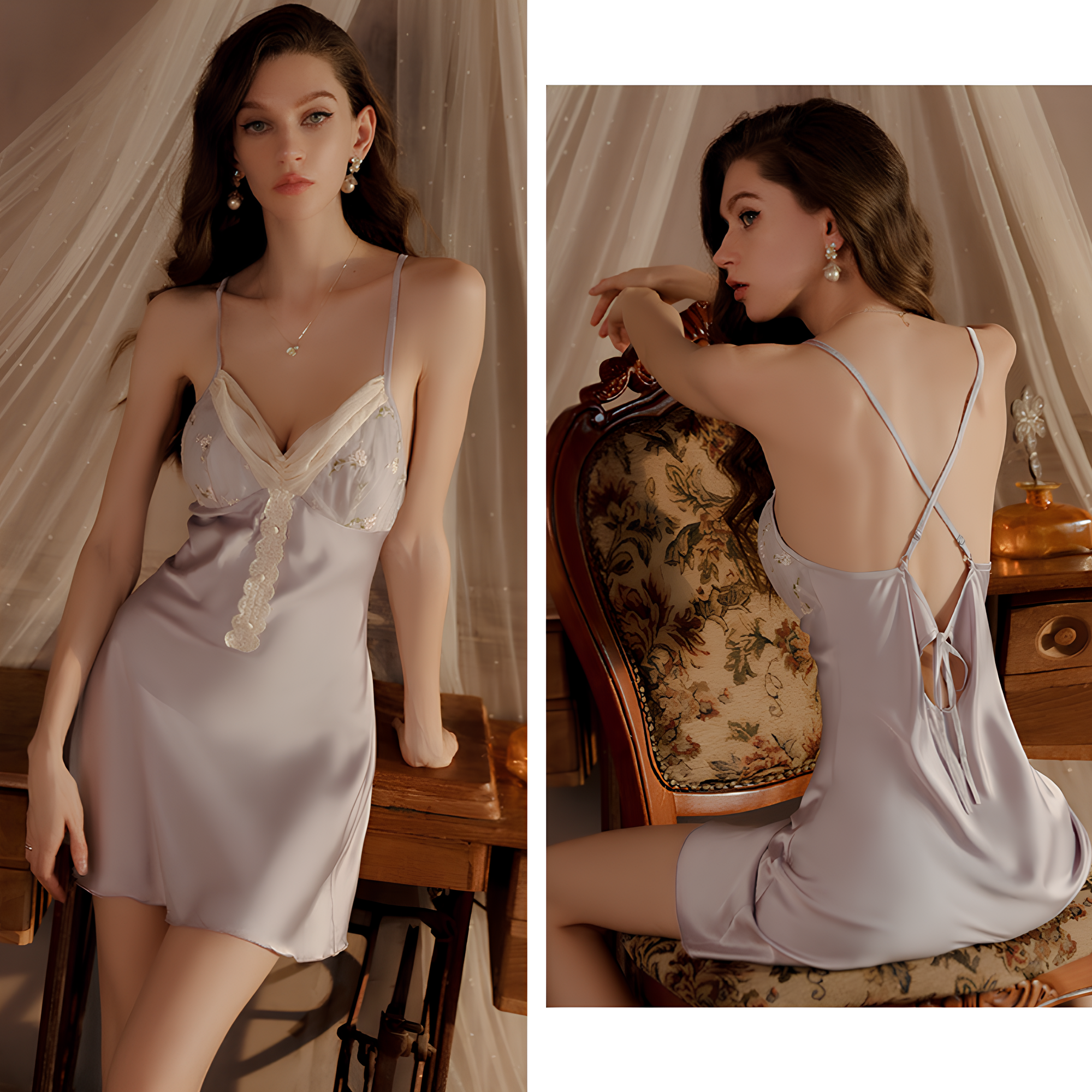 Satin Nightgown and Dressing Gown Set with Tulle Collar and Floral Detailed Chest Pad and Cross Back Straps