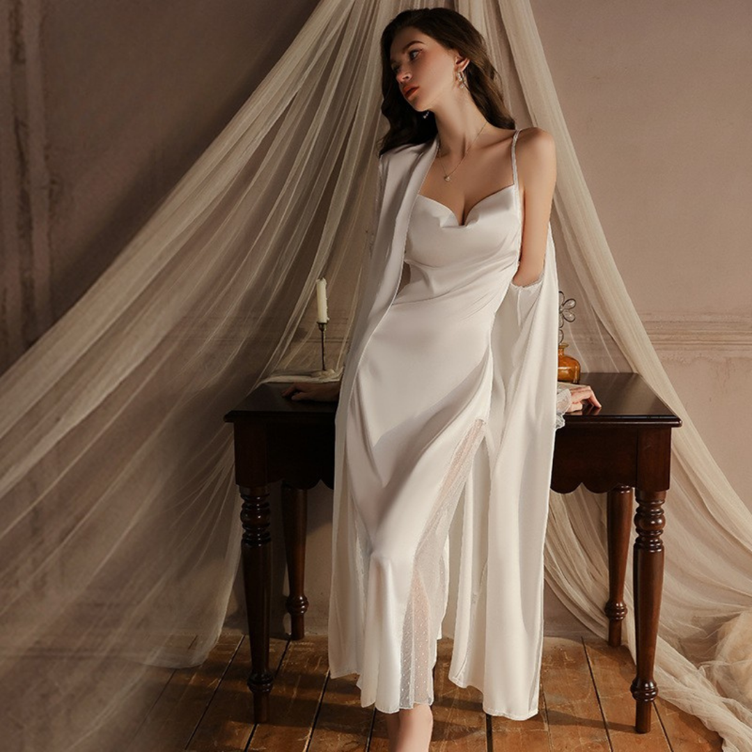 Transparente Details mit Kreuz-Trägern Lange Satin Negligé und Morgenmantel Set