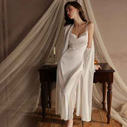 Transparente Details mit Kreuz-Trägern Lange Satin Negligé und Morgenmantel Set