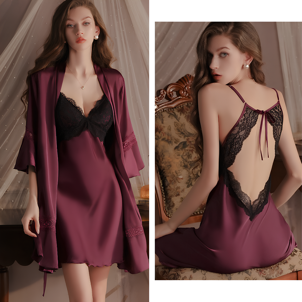 Lace Detailed Chest Padded Thin Strap Satin Textured Nightgown and Dressing Gown Set