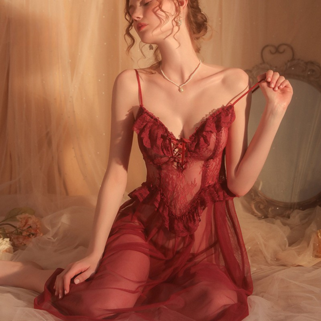 Negligé- und Morgenmantel-Set aus Satin mit Spitzen-Details, tiefem Dekolleté vorne und hinten sowie Spaghettiträgern