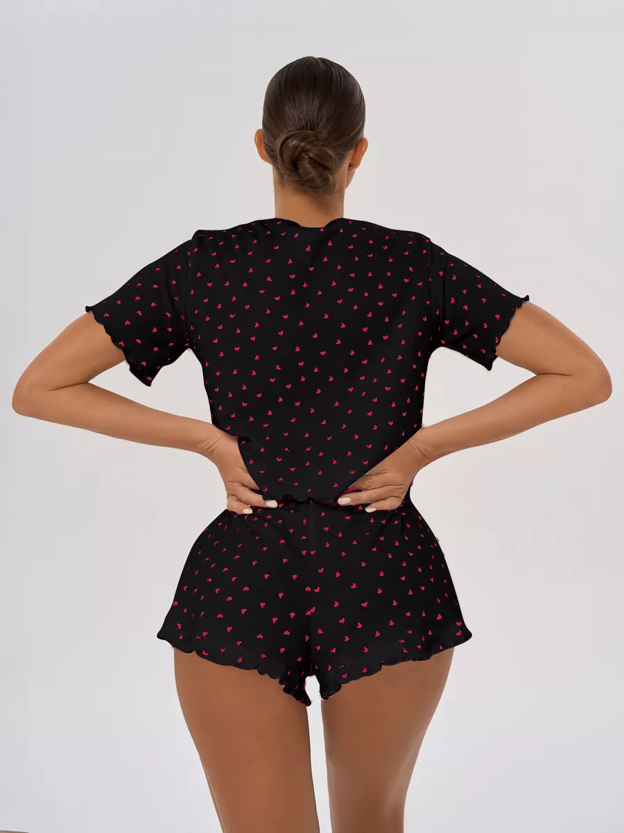 Kurzärmliges Pyjama-Set mit Shorts, Paspelierung und Brusttasche