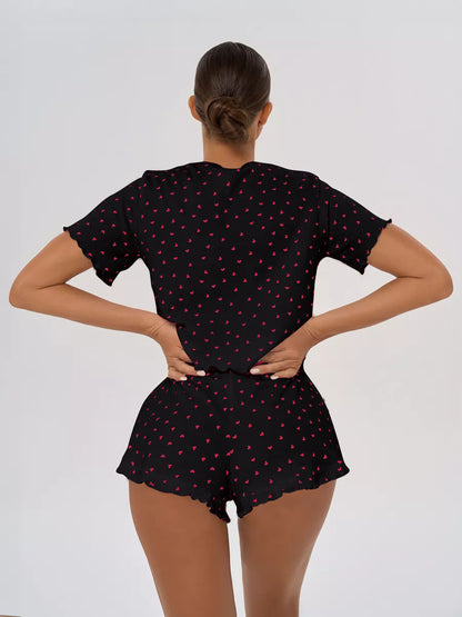 Kurzärmliges Pyjama-Set mit Shorts, Paspelierung und Brusttasche