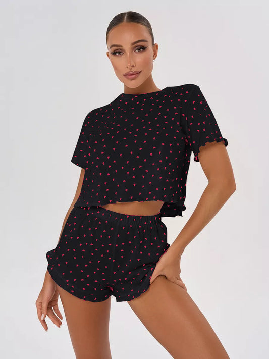 Kurzärmliges Pyjama-Set mit Shorts, Paspelierung und Brusttasche