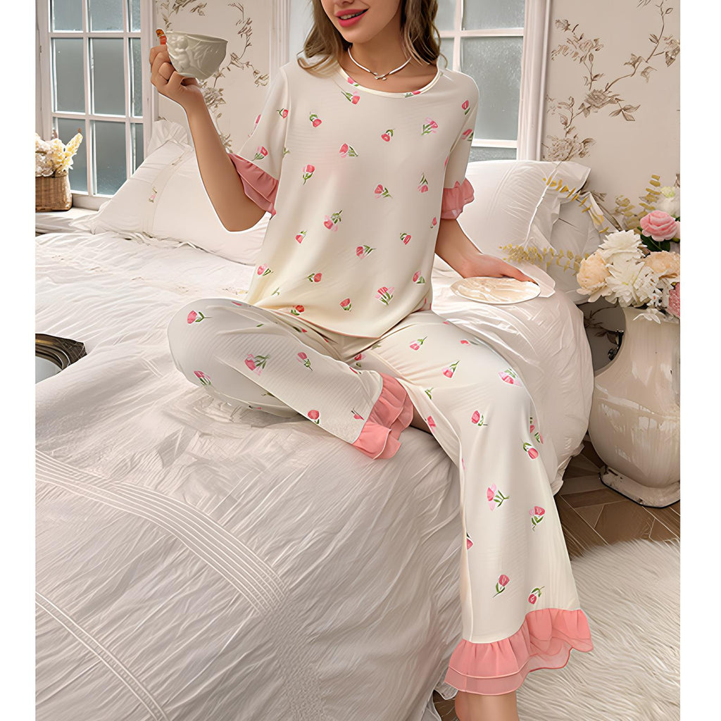 Pocket Detailed Short Sleeve Piping Shorts Pajama Set