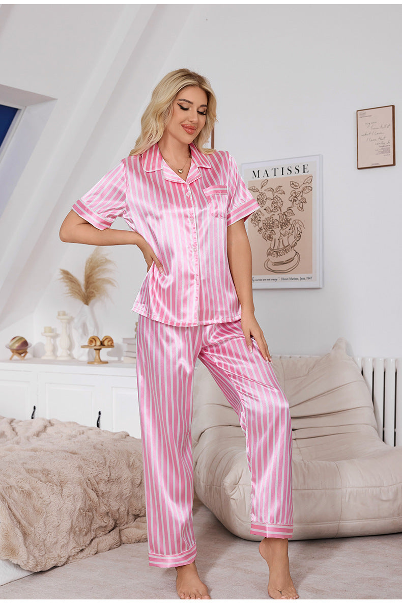 Pyjama-Set mit klassischem Kragen, Taschen-Details und weißem Streifenmuster – Rosa