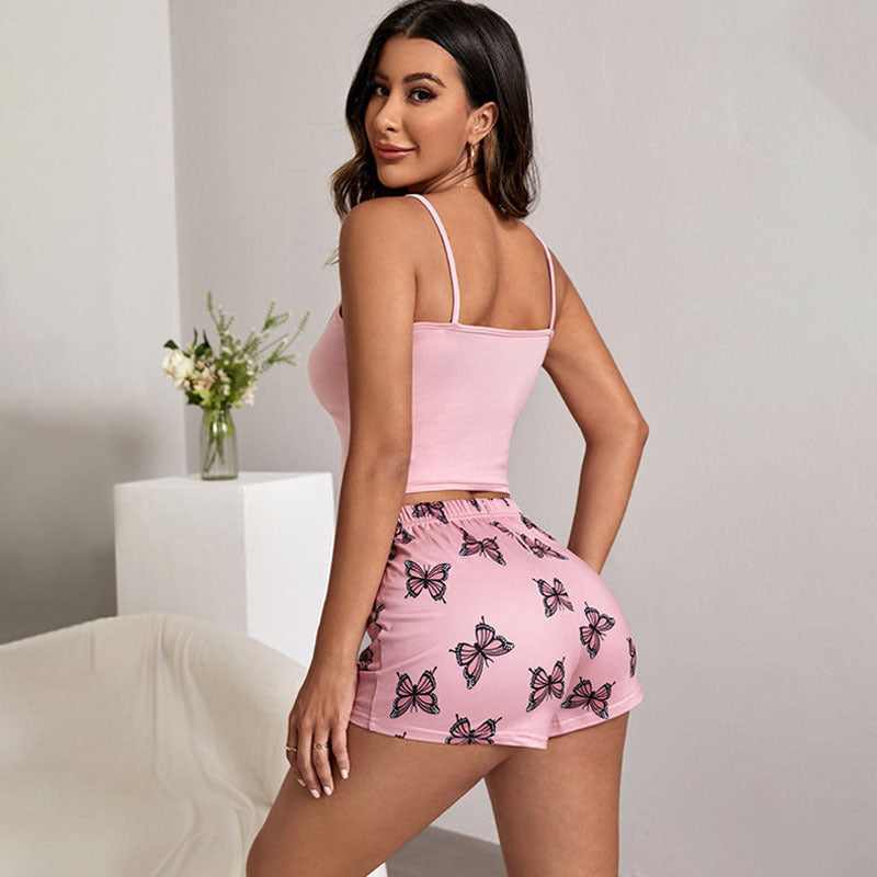 Schmetterlingsmuster-Satin-Pyjama-Set mit dünnen Trägern und Shorts