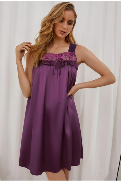 Camicia da notte con spalline spesse e dettagli in pizzo e fiocco - Viola