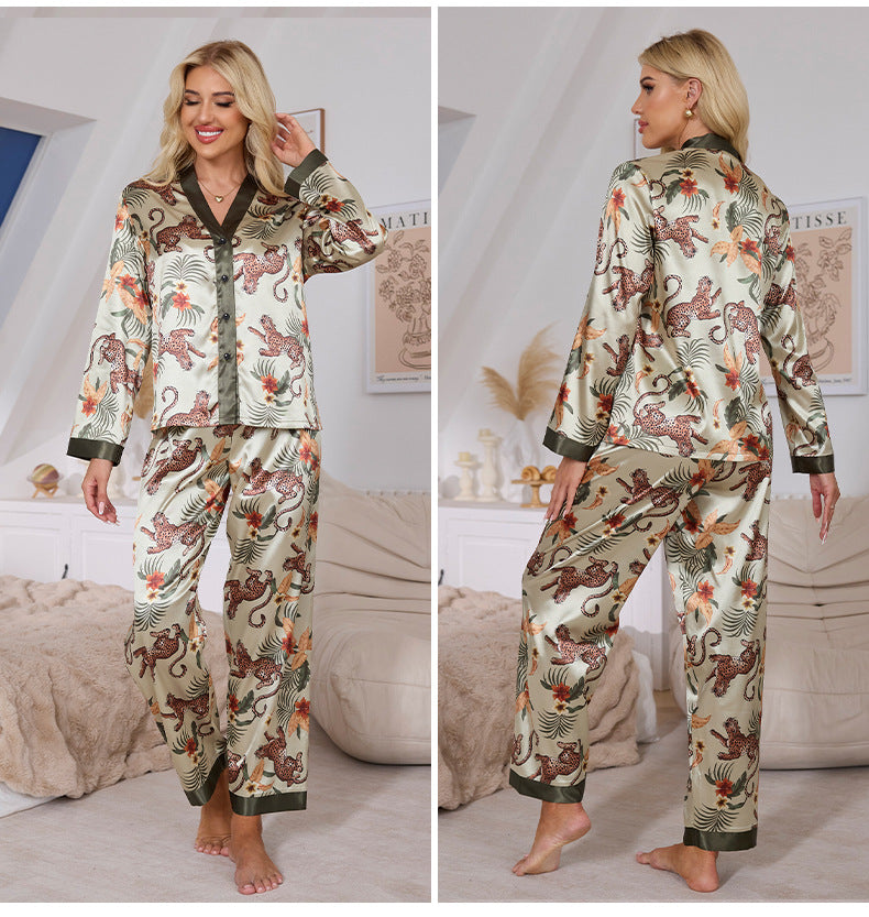 Animal and Flower Figured Satin Green Pajama Set