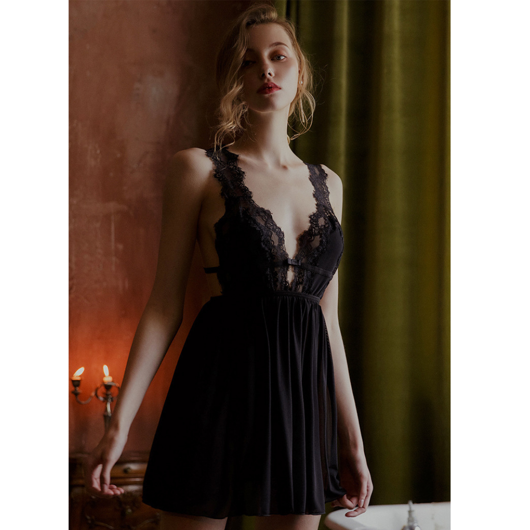 Deep Slit Back Cross Straps Low Cut Satin Nightgown