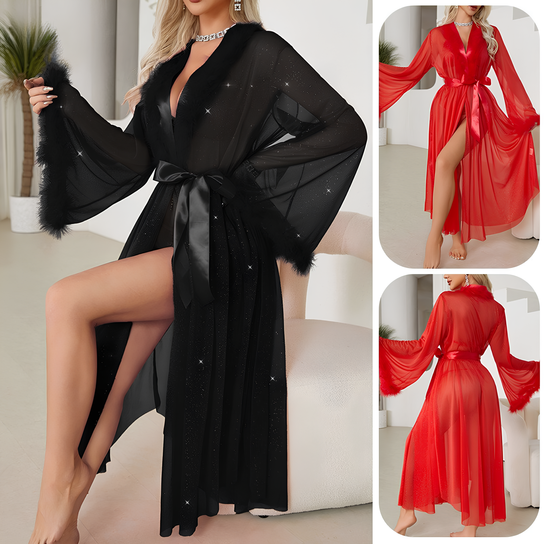 Vestaglia in tulle trasparente glitterato con dettagli in piume e cintura in vita