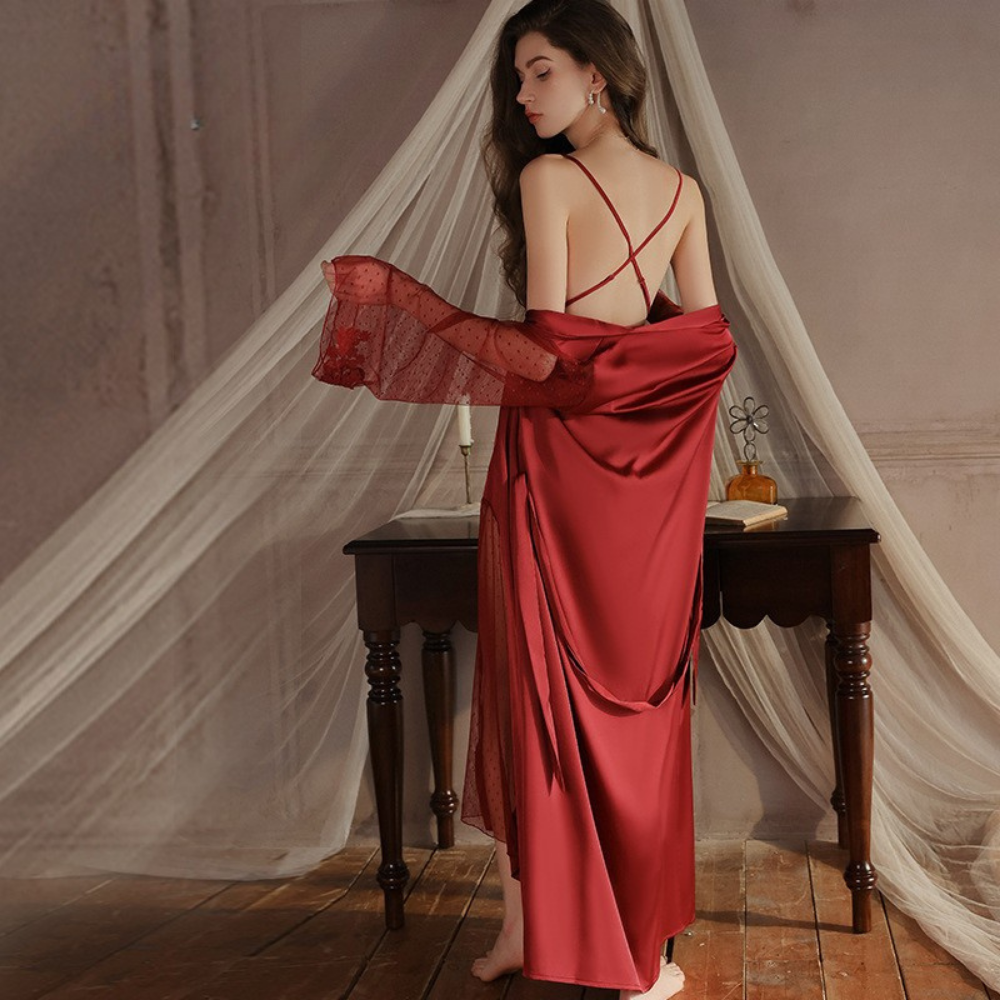 Transparente Details mit Kreuz-Trägern Lange Satin Negligé und Morgenmantel Set