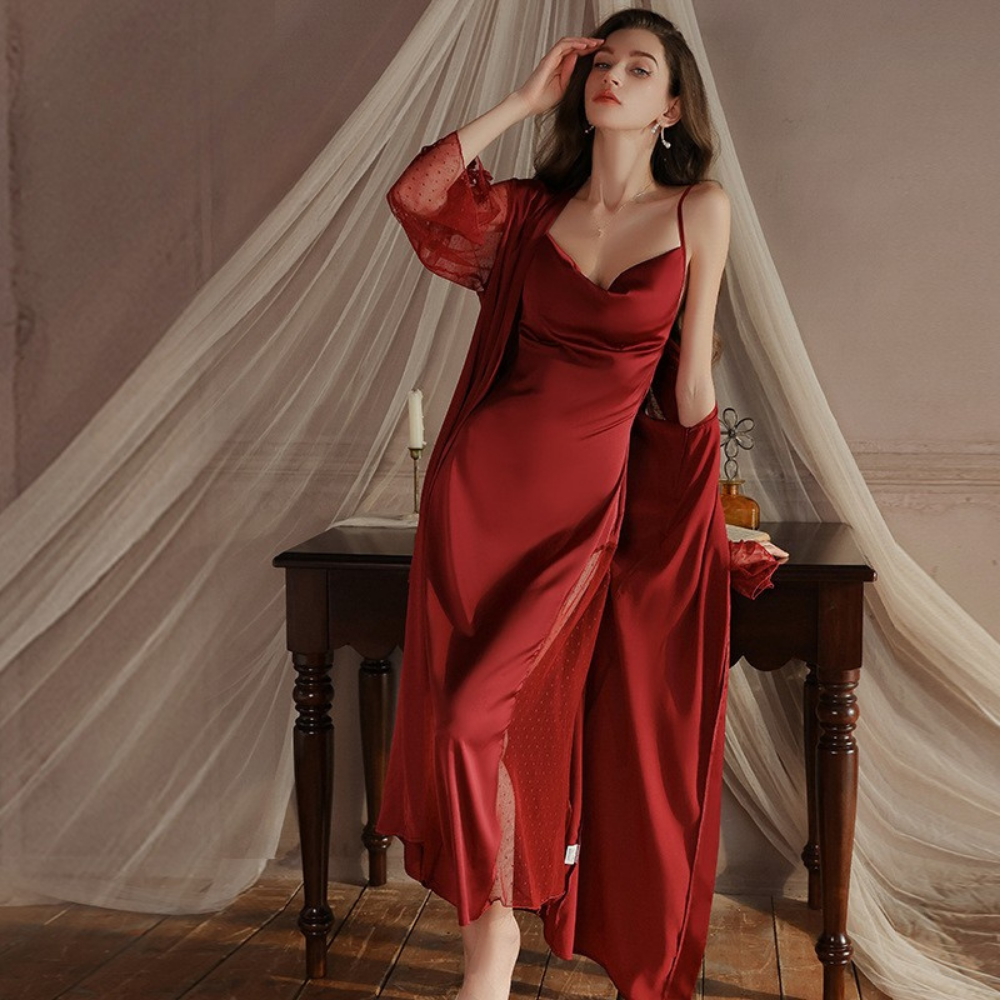 Transparente Details mit Kreuz-Trägern Lange Satin Negligé und Morgenmantel Set